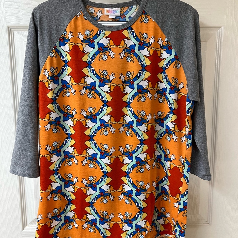 LuLaRoe Cartoon Graphic Raglan Shirt with Orange and Blue